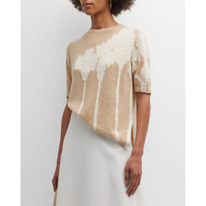 Lafayette 148 Cloud Motif Sz L Beige White 100% Cashmere Short Sleeve Sweater